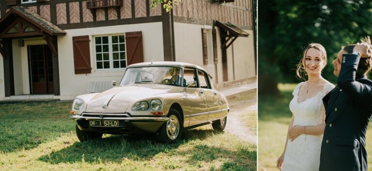 Des mariés debout à côté d'une voiture ancienne devant une maison, capturés par un photographe mariage Landes.
