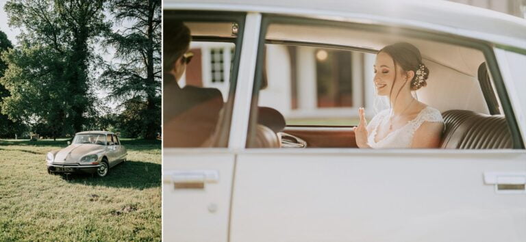 Des mariés assis dans une voiture dans un champ, capturés par un photographe mariage Landes.