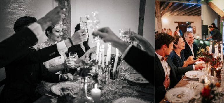 Un groupe de personnes trinquant des verres lors d’une réception de photographe mariage landais.