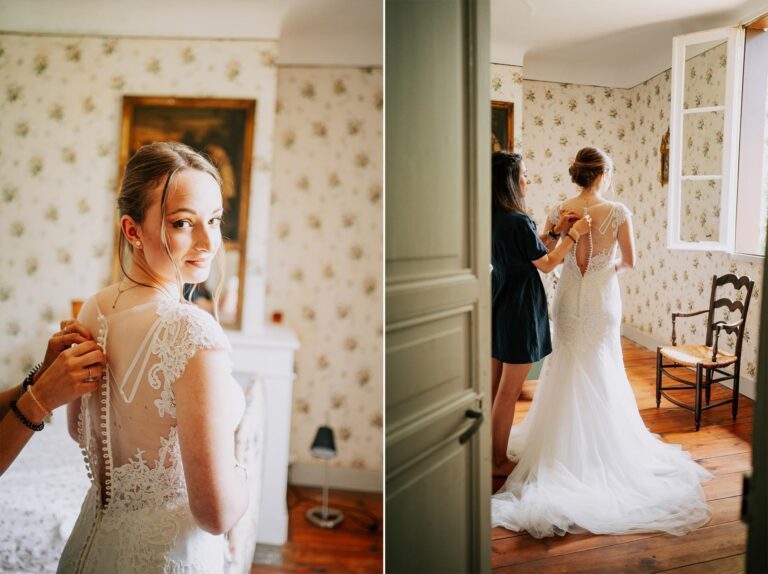 Une mariée se prépare pour son mariage dans une chambre, magnifiquement capturée par un photographe mariage Landes.