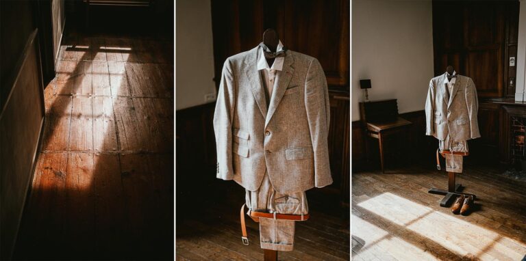 Trois photos d'un costume de "la mayou" accroché sur un cintre dans une chambre.