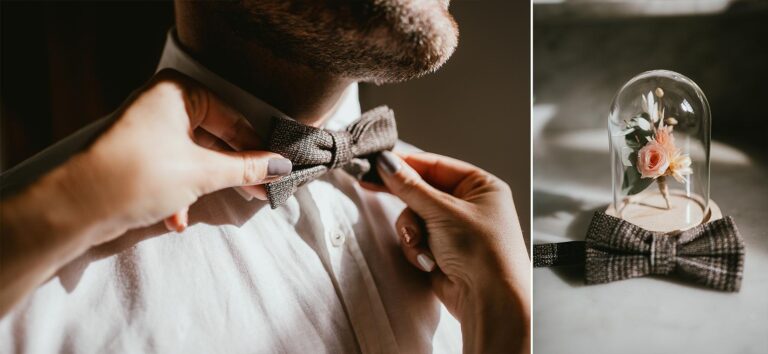 Un homme met un nœud papillon sous un dôme de verre pour son mariage.