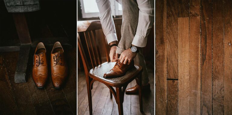 Un homme pose ses chaussures sur une chaise pour le mariage.
