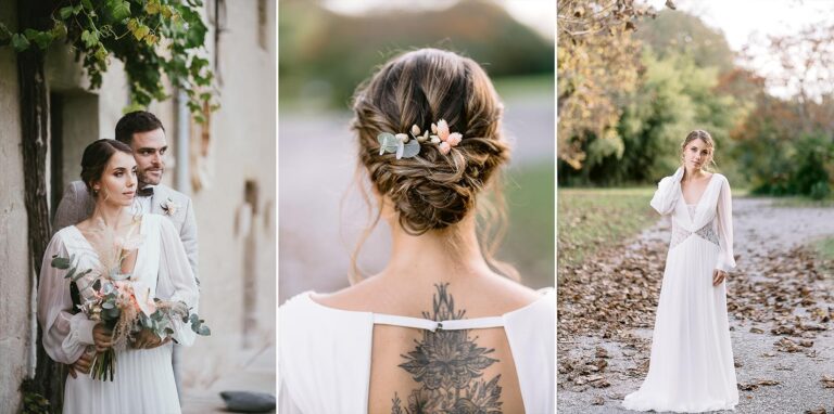 Des mariés tatoués devant un arbre lors de leur mariage.