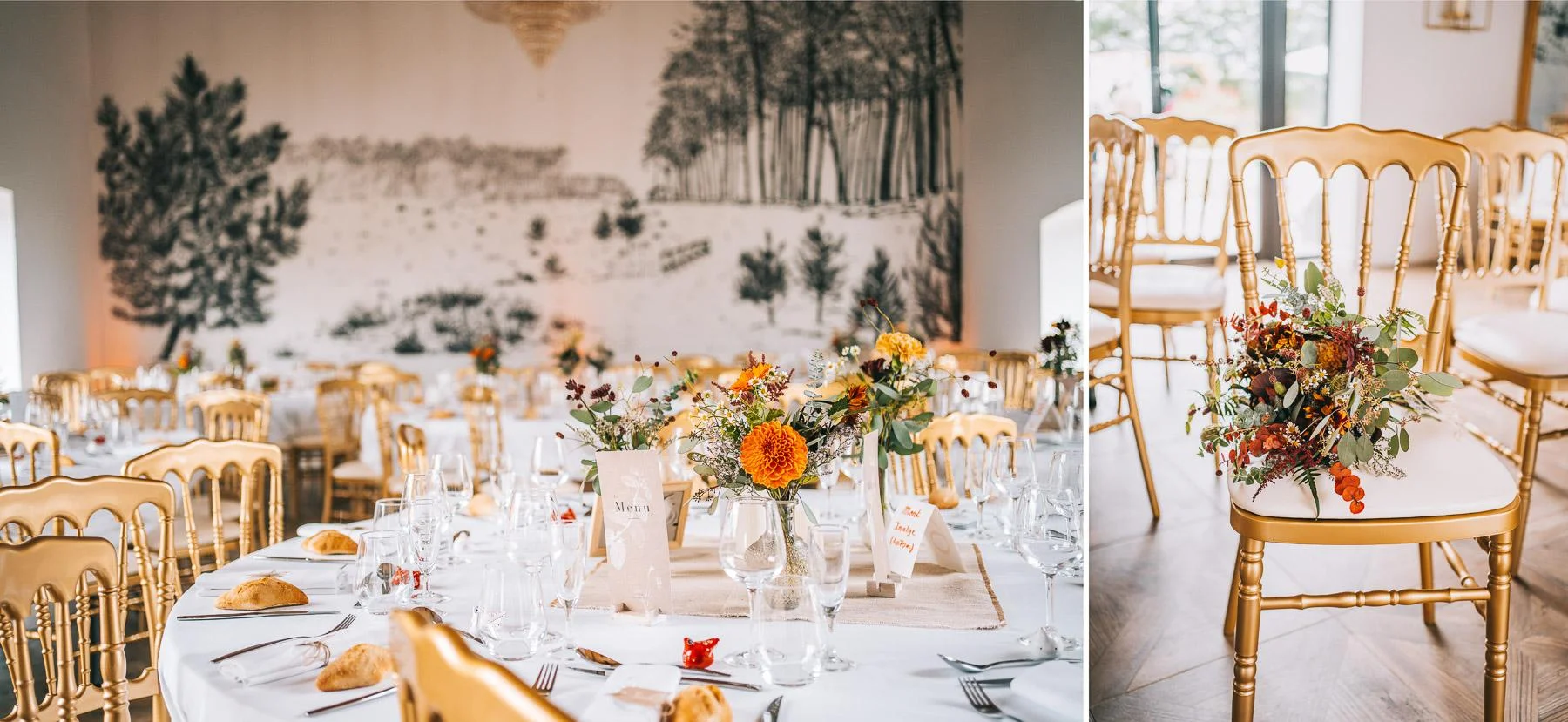 Une réception de mariage organisée avec des chaises dorées et des fleurs au domaine bouhemy.
