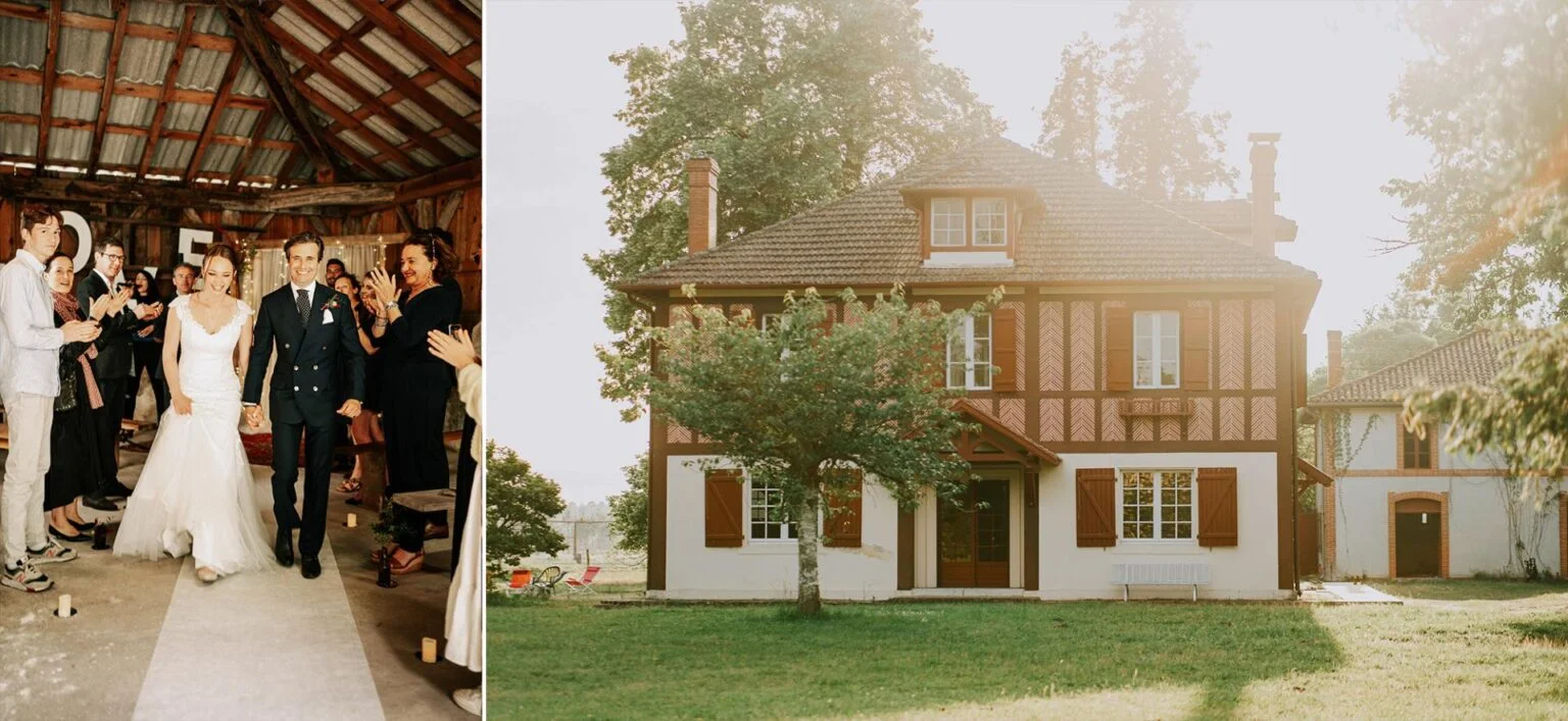 Deux photographies d'un mariage landais avec un groupe en face d'une maison.