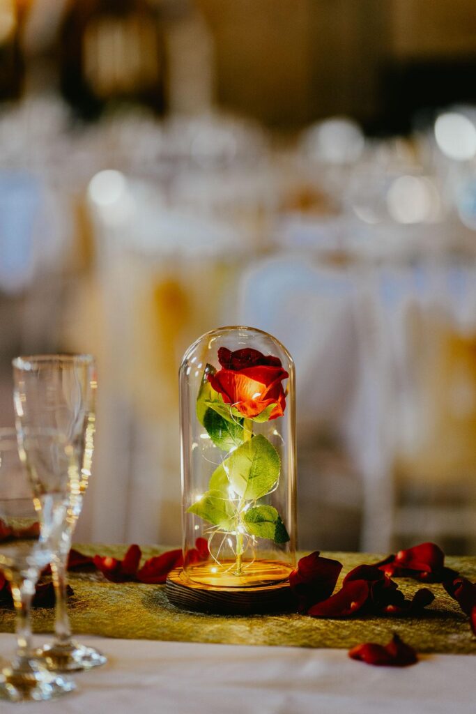 Une table de mariage Castex d'Armagnac La Belle et la Bête avec une coupole en verre.