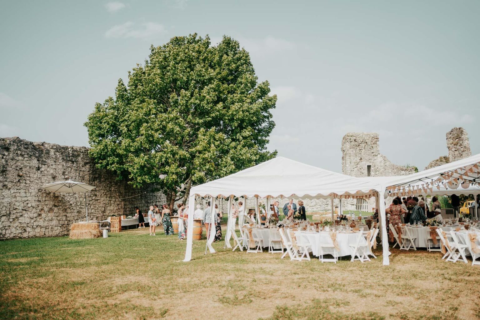 Une réception de mariage dans le parc d'un château.