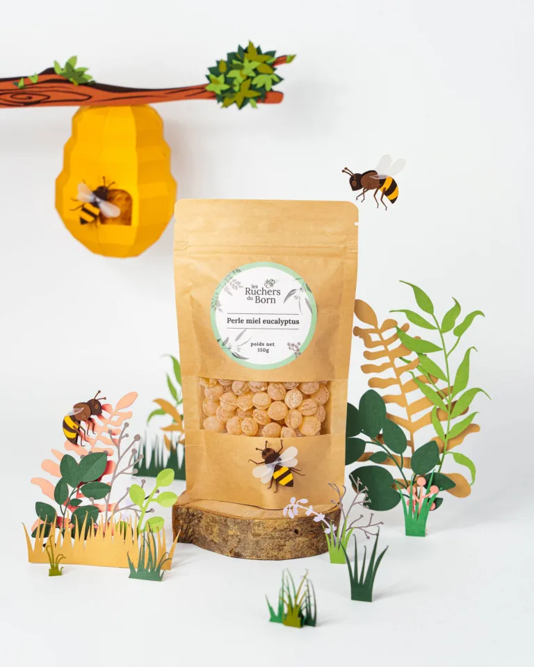 Un sac de cire d'abeille et une ruche sur une table, à côté d'un packchot.