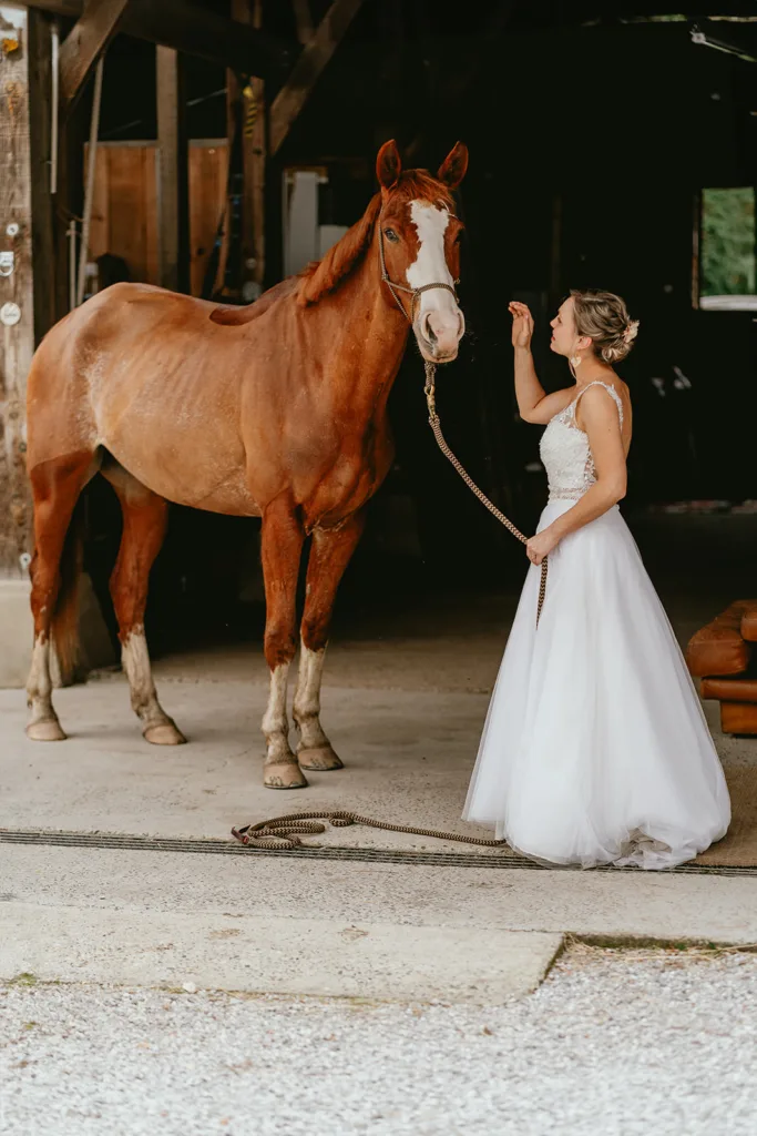 Une femme vêtue d'une robe de mariée blanche se tient à côté d'un cheval brun dans une écurie, tenant sa longe et regardant son visage - l'inspiration du mariage rayonne de cette scène sereine.