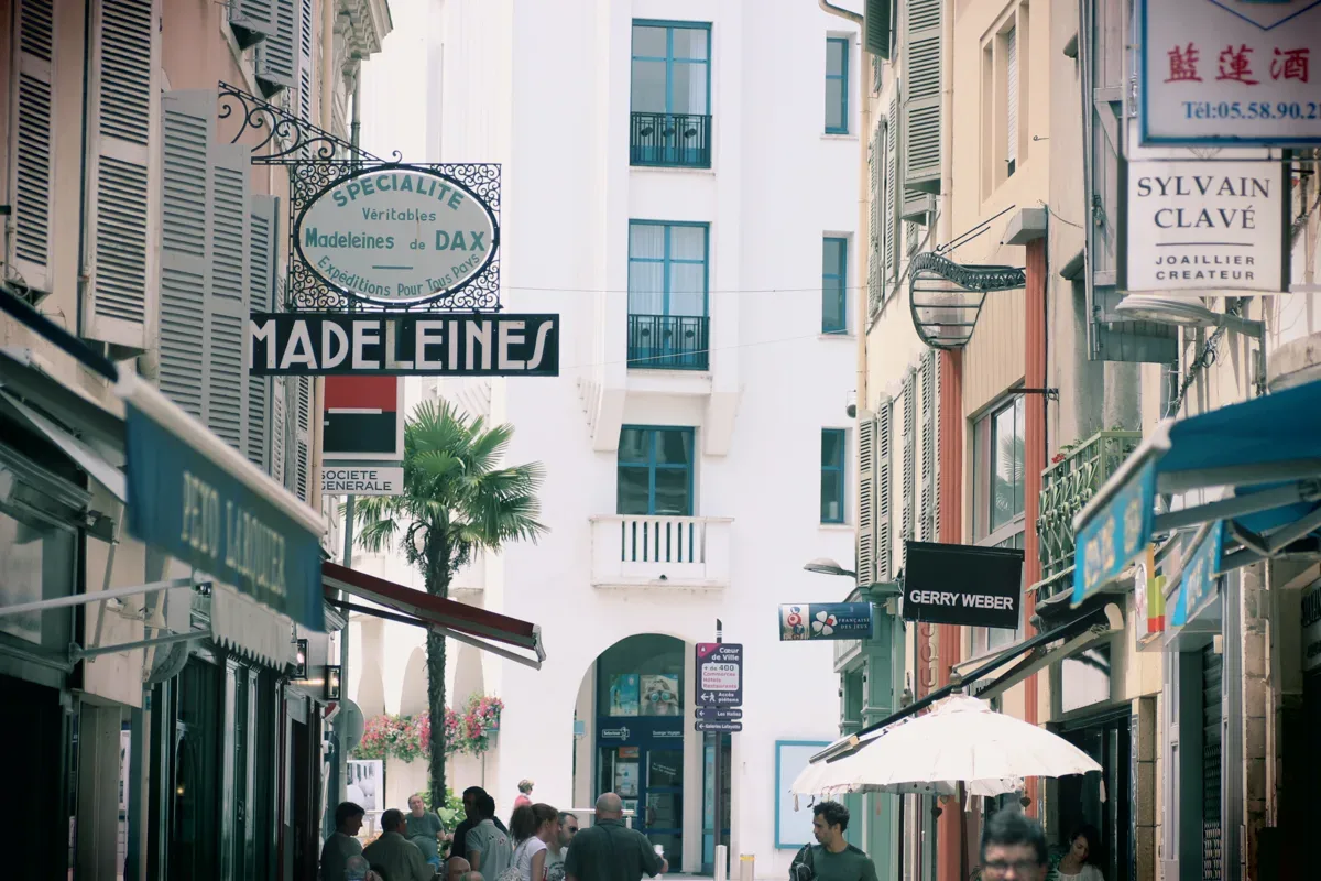 Découvrez l'essence pittoresque des vacances à Porto en déambulant le long d'une étroite rue européenne bordée de charmantes boutiques et restaurants, idéale pour des photos de mariage ou de famille inoubliables dans les Landes, avec ses enseignes multilingues suspendues au-dessus du chemin pavé baigné par un soleil éclatant, encadré par de majestueux immeubles.