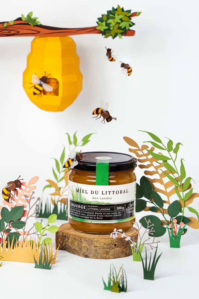 Dans cette image captivante optimisée pour le référencement, un photographe professionnel de mariage ou de famille dans les Landes met en valeur un pot de miel naturel étiqueté "Miel du Littoral des Landes", savamment entouré d'abeilles en papier, de plantes verdoyantes et d'une ruche suspendue au-dessus, formant une scène pittoresque au cœur des Landes qui évoque la richesse et authentique de cette région prise par les photographes créatifs pour capturer des moments uniques.