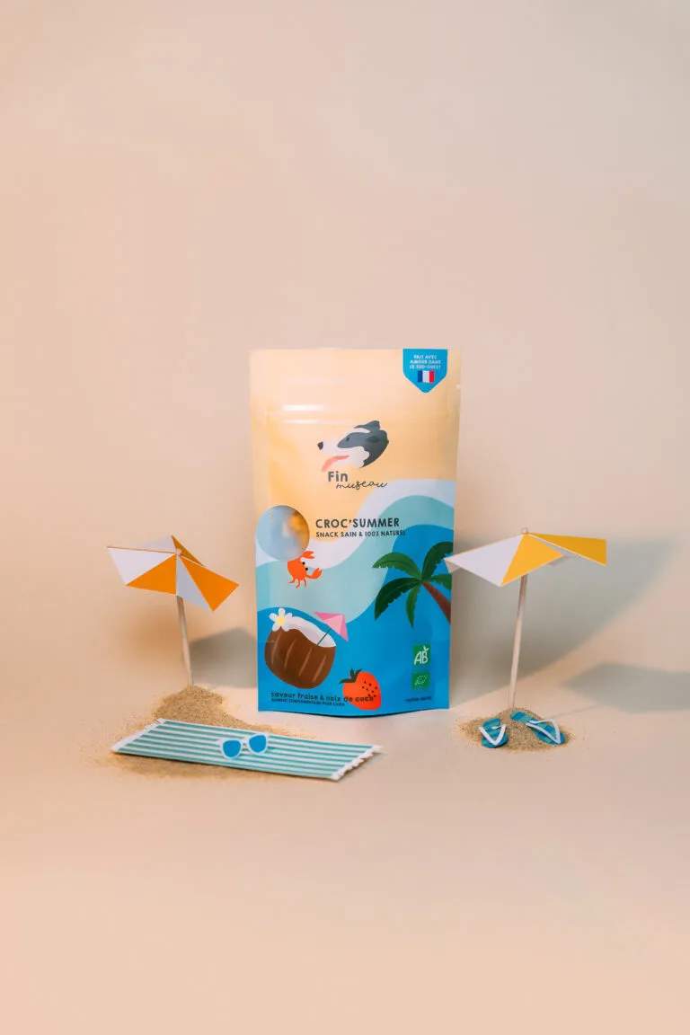 Une image enchanteur capturée par un photographe professionnel spécialisé dans les mariages et les séances photo de famille dans les Landes avec en avant un paquet de collations orné d'un design tropical, soigneusement agencé parmi des parasols en papier et de petits tas de sable, évoquant à merveille une ambiance accueillante de plage.