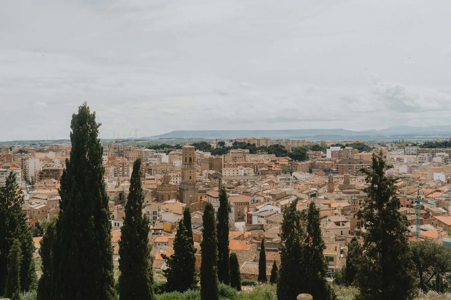 Une vue panoramique de Tudela, ses toits ocres et sa nature sous un ciel doux — l'ambiance idéale pour un séjour en famille.