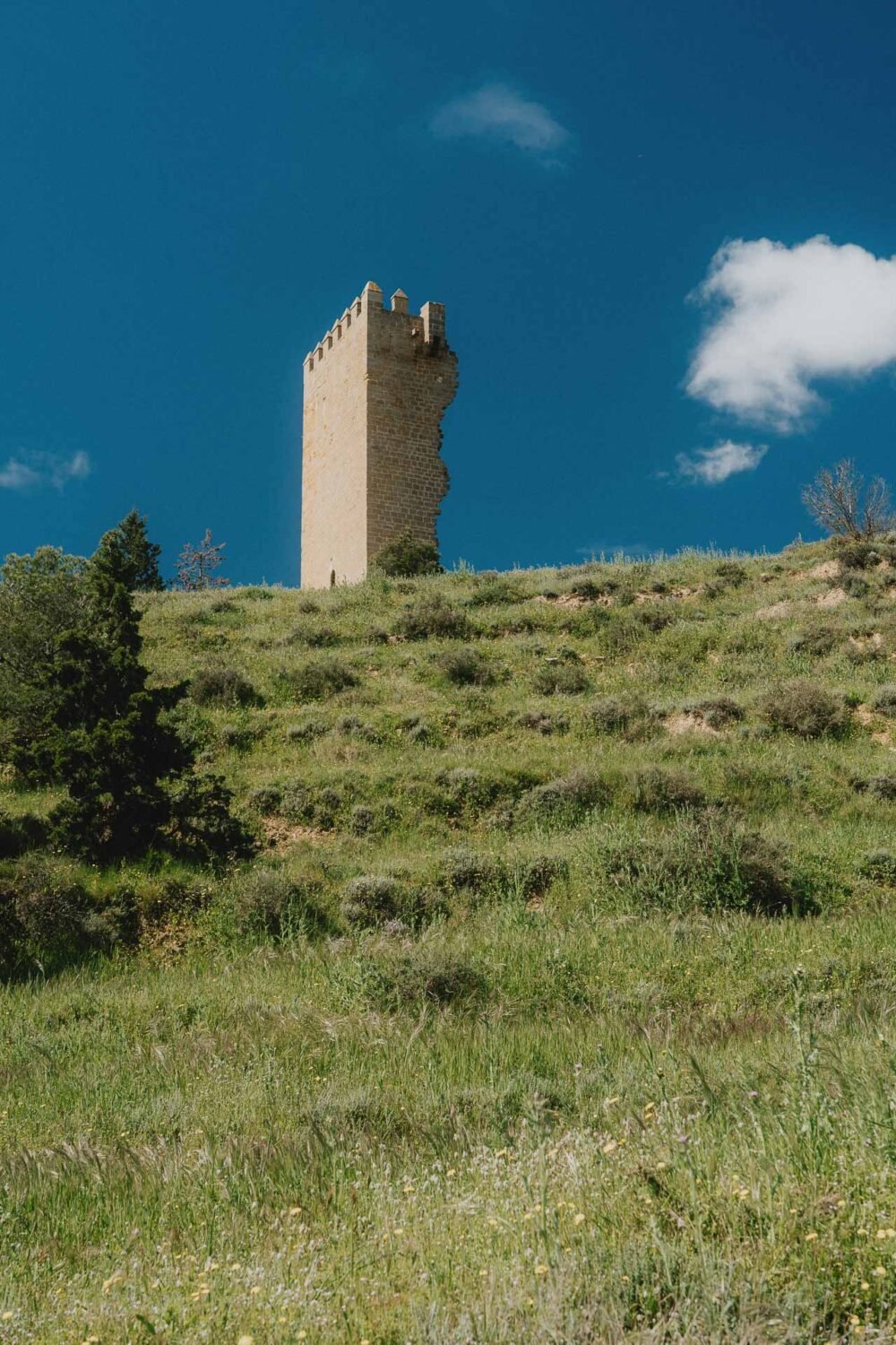 Une tour de pierre solitaire dominée par un ciel bleu, atmosphère paisible évoquant une escapade familiale authentique.