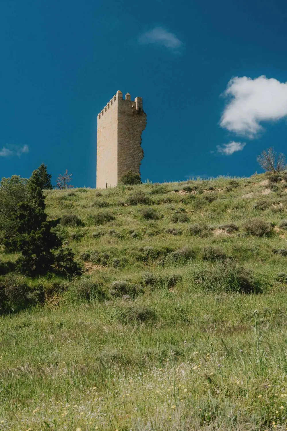 Une tour de pierre solitaire dominée par un ciel bleu, atmosphère paisible évoquant une escapade familiale authentique.