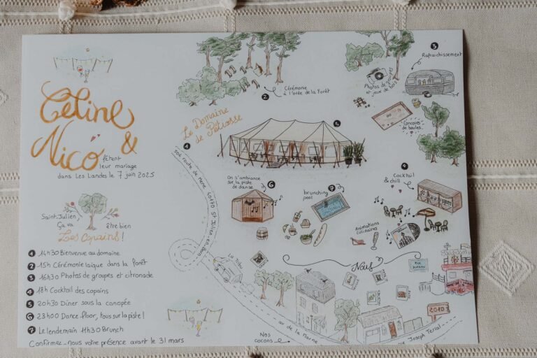 Carte douce et poétique du mariage de Céline & Nicolas aux Landes, lieux de fête illustrés sur papier raffiné.