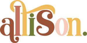 Le prénom " allison. " s'écrit dans une typo joyeuse aux couleurs douces, créant une ambiance festive et tendre, idéale en famille.