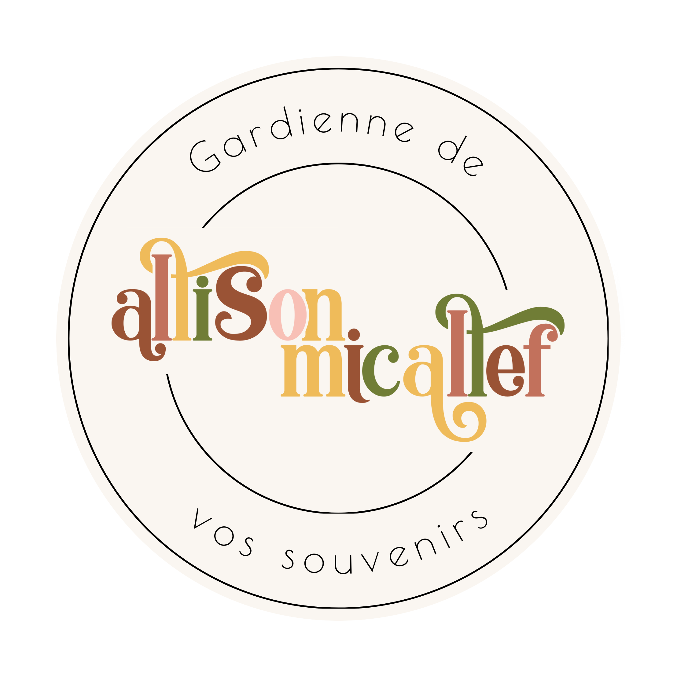Logo rond, doux et coloré, "allison micallef" en lettres créatives, souvenir précieux de famille ou mariage dans les Landes.