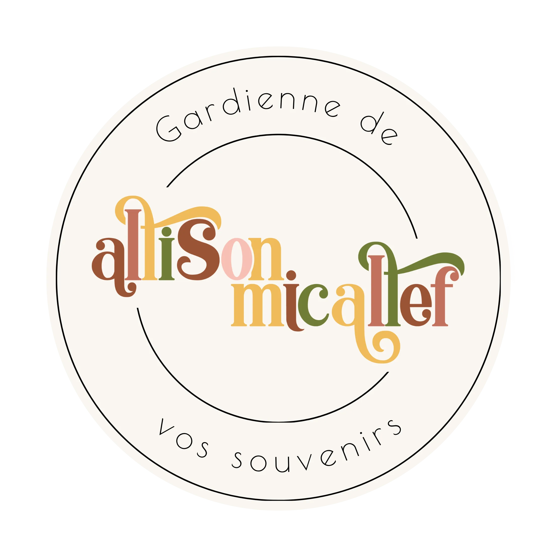 Logo rond, doux et coloré, "allison micallef" en lettres créatives, souvenir précieux de famille ou mariage dans les Landes.